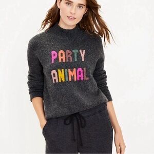 Lou & Grey Party Animal Mock Neck Gray Novelty Sweater Winter Medium